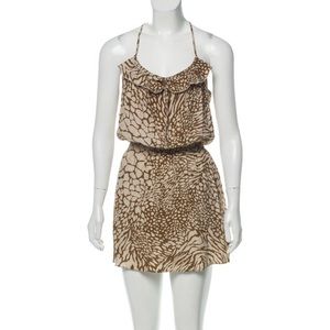 Parker 100% Silk Flirty Ruffle Mini Dress sz M. Great cond. Brown/Beige print.